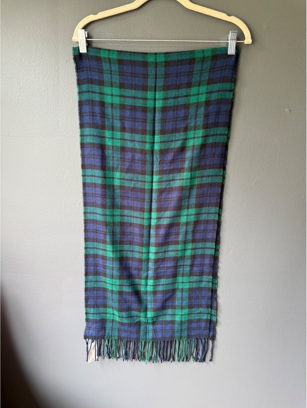 Lands' End Blue and Green Plaid Wool Scarf with Fringe
